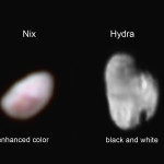 Pluto's moon Nix (left), shown here in enhanced color as imaged by the New Horizons Ralph instrument, has a reddish spot that has attracted the interest of mission scientists. The data were obtained on the morning of July 14, 2015, and received on the ground on July 18. At the time the observations were taken New Horizons was about 102,000 miles (165,000 km) from Nix. The image shows features as small as approximately 2 miles (3 kilometers) across on Nix, which is estimated to be 26 miles (42 kilometers) long and 22 miles (36 kilometers) wide. Pluto's small, irregularly shaped moon Hydra (right) is revealed in this black and white image taken from New Horizons' LORRI instrument on July 14, 2015 from a distance of about 143,000 miles (231,000 kilometers). Features as small as 0.7 miles (1.2 kilometers) are visible on Hydra, which measures 34 miles (55 kilometers) in length.